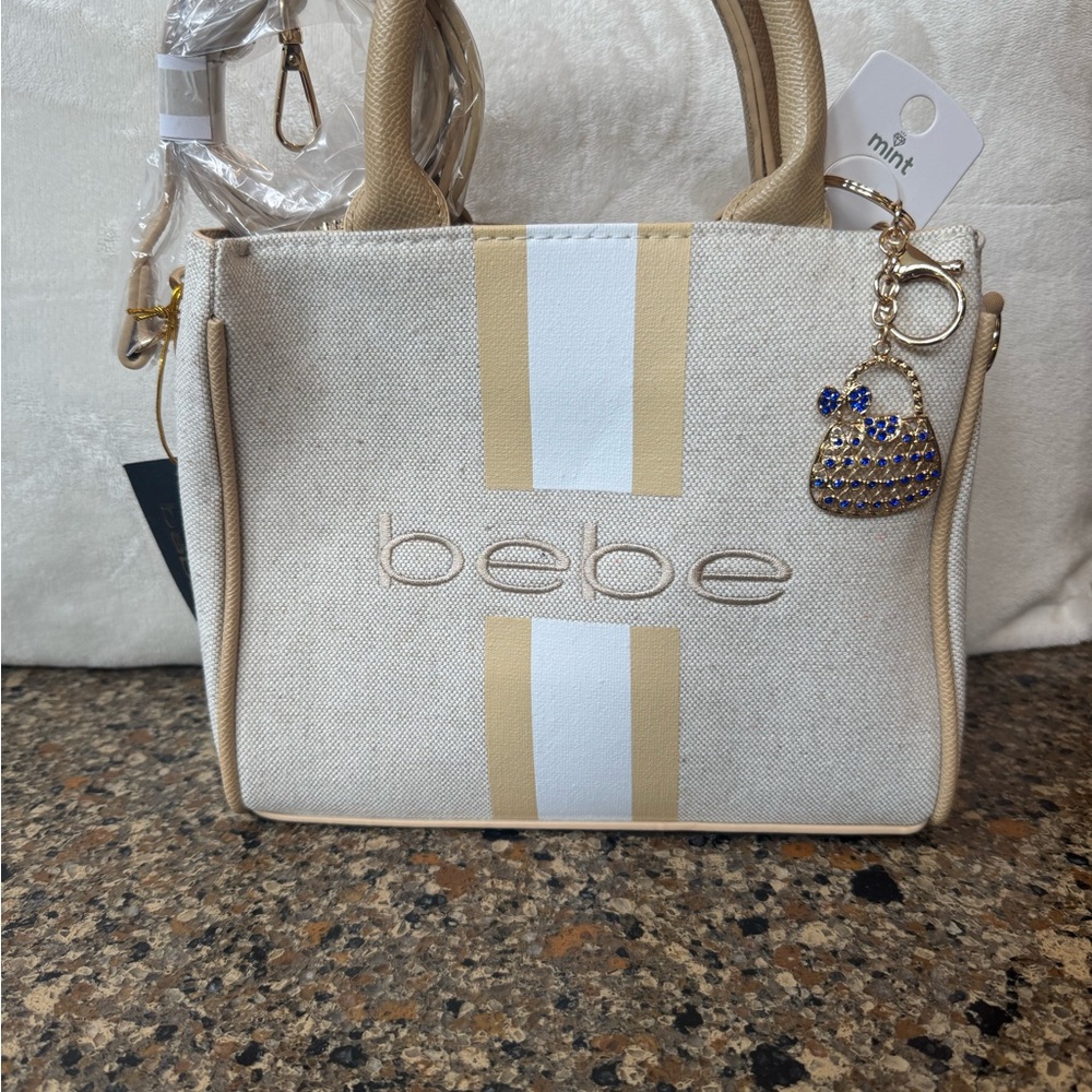 Bebe Mini Tote Beige & White Stripe Top-Handle Satchel with Charm
